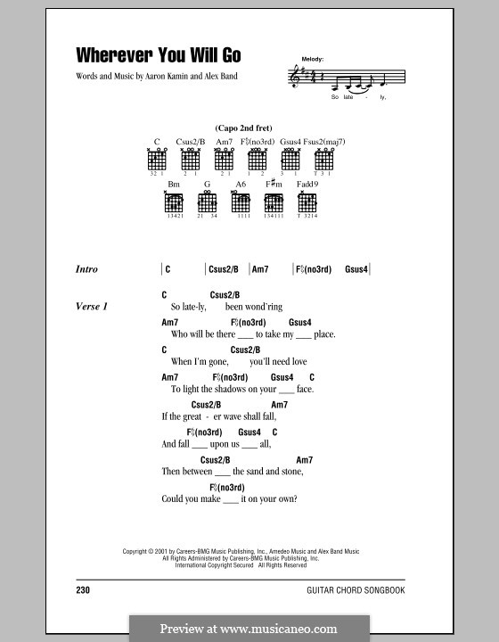 Wherever You Will Go (The Calling): Lyrics and chords by Aaron Kamin, Alex Band