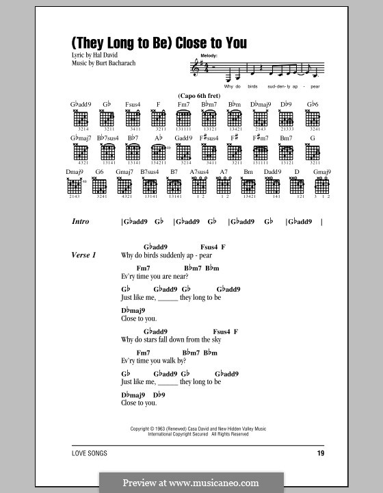Close to You (They Long to be) by B. Bacharach sheet music on MusicaNeo