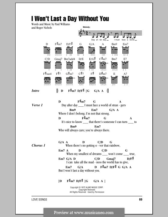 I Won't Last a Day without You (Carpenters): Lyrics and chords by Paul H. Williams, Roger Nichols