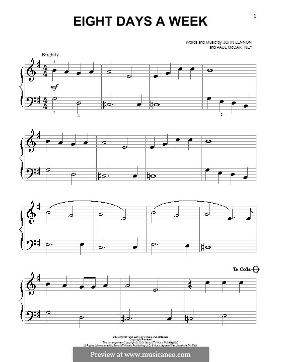 Eight Days a Week (The Beatles): For piano by John Lennon, Paul McCartney