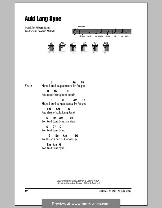 Vocal-instrumental version (printable scores): Lyrics and chords by folklore