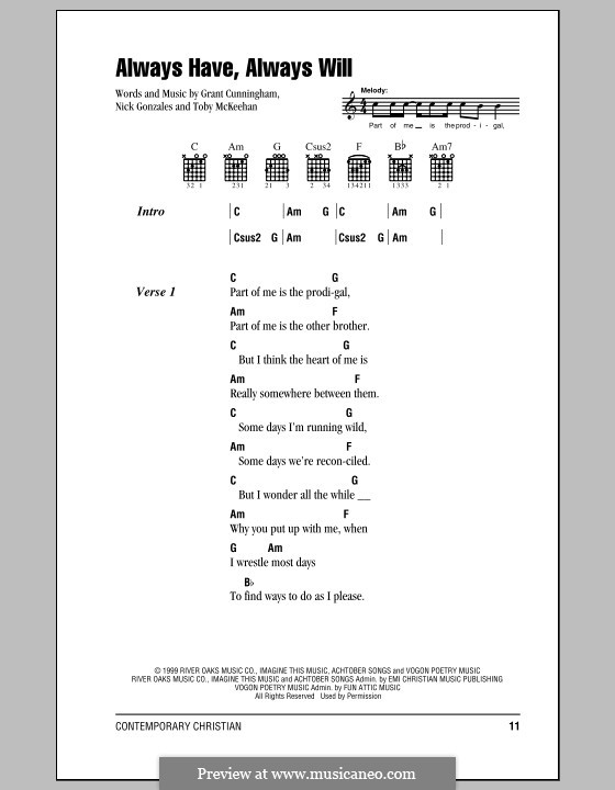 Always Have, Always Will (Avalon): Lyrics and chords by Grant Cunningham, Nick Gonzales, Toby McKeehan