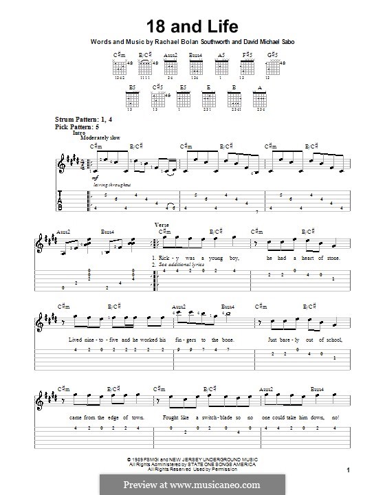 18 and Life (Skid Row): For easy guitar with tab by The Snake, Rachael Bolan Southworth