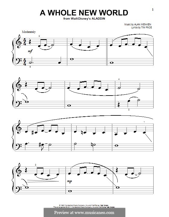 A Whole New World From Aladdin For Piano By A Menken On Musicaneo