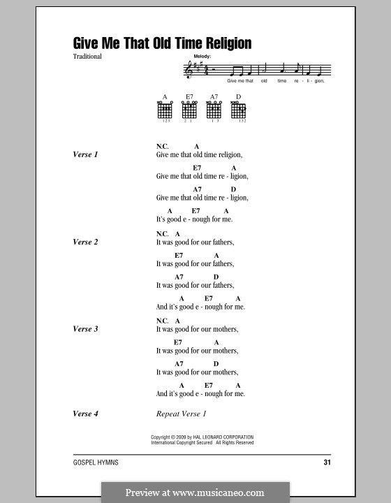 Give Me That Old Time Religion: Lyrics and chords by folklore