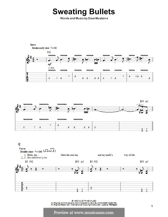 Sweating Bullets (Megadeth): For guitar with tab by Dave Mustaine