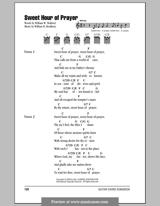 Sweet Hour of Prayer: Lyrics and chords by William Batchelder Bradbury.