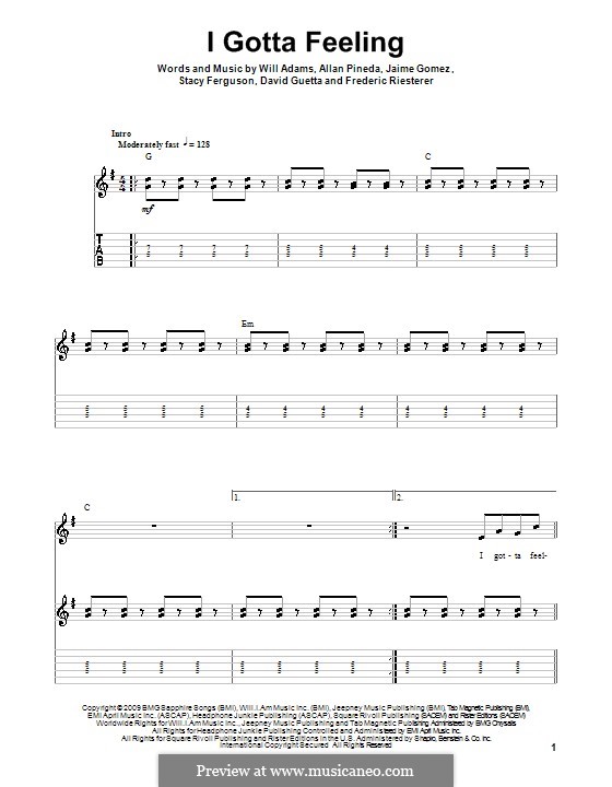I Gotta Feeling (The Black Eyed Peas): For guitar with tab by apl.de.ap, David Guetta, Frédéric Riesterer, Jaime Gomez, Stacy Ferguson, will.i.am