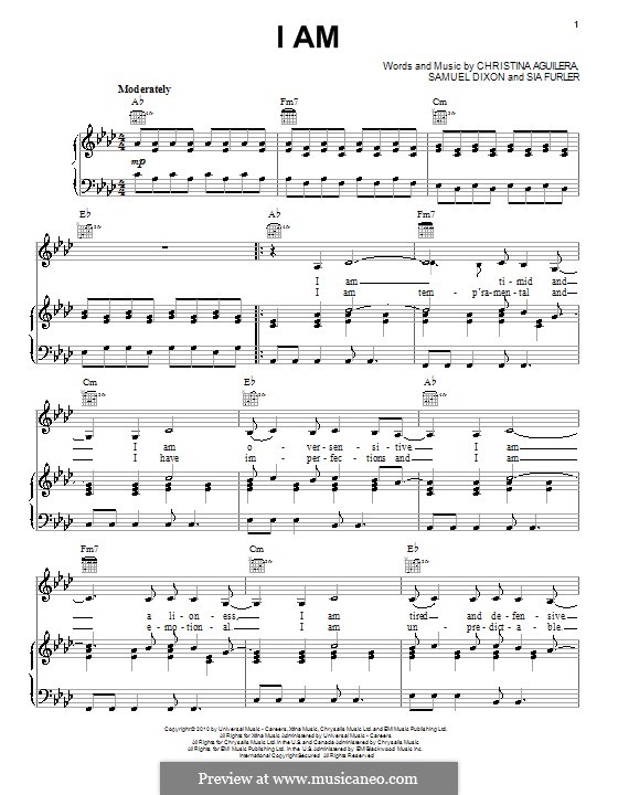 I am (Christina Aguilera): For voice and piano (or guitar) by Samuel Dixon, Sia Furler