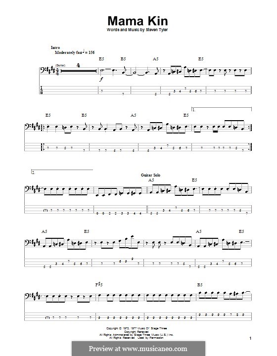 Mama Kin (Aerosmith): For bass guitar with tab by Steven Tyler