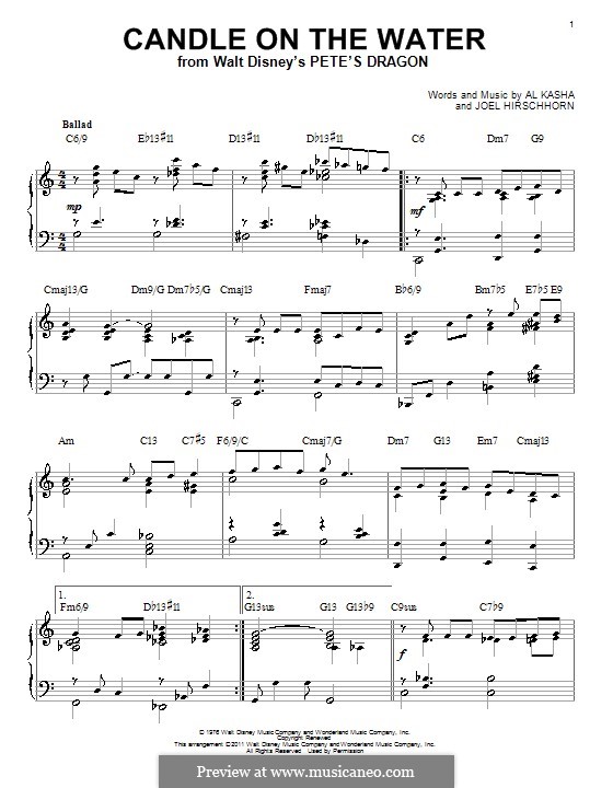 Candle on the Water (from Walt Disney's Pete's Dragon): For piano by Al Kasha, Joel Hirschhorn