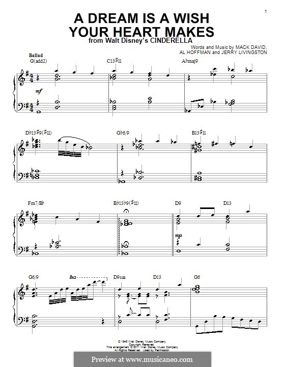 A Dream Is a Wish Your Heart Makes (from Disney's Cinderella): For piano (with chords) by Al Hoffman, Jerry Livingston, Mack David