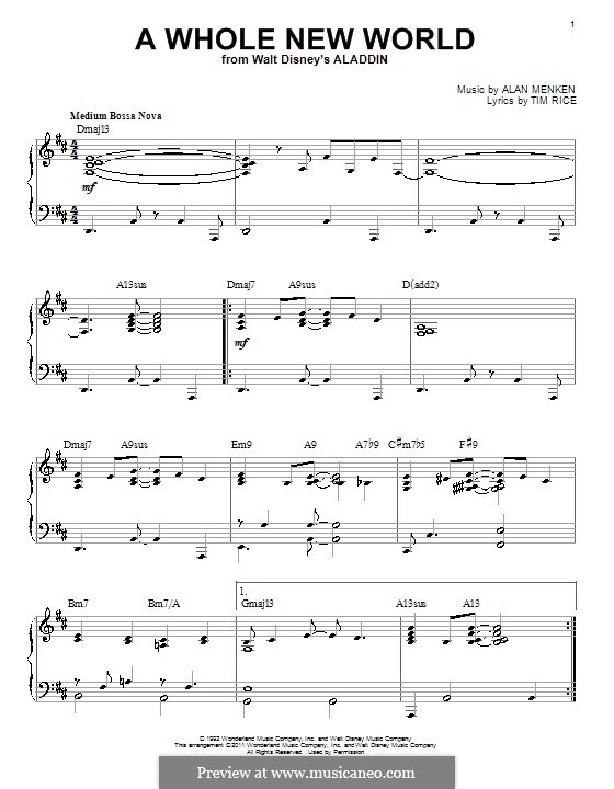 A Whole New World From Aladdin For Piano By A Menken On Musicaneo