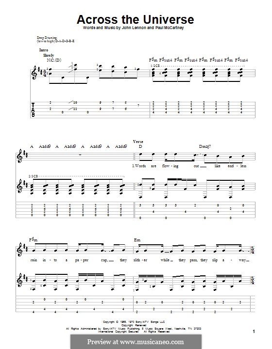 Across the Universe (The Beatles): For guitar with tabulature and lyrics by John Lennon, Paul McCartney