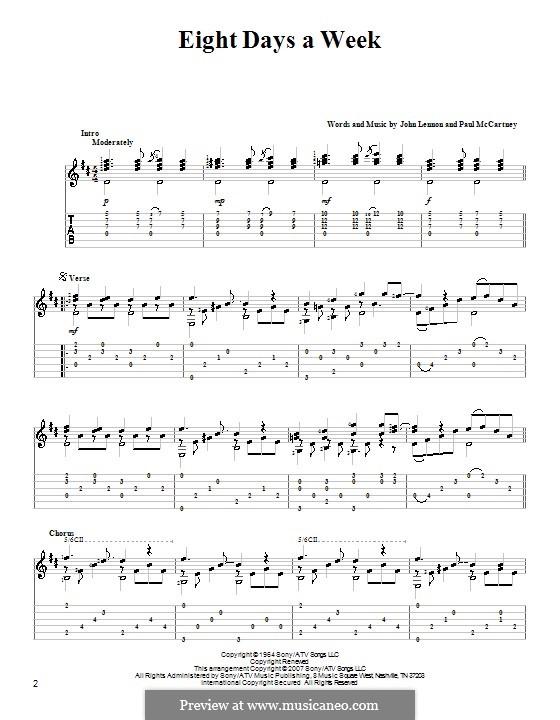 Eight Days a Week (The Beatles): For guitar with tabulature by John Lennon, Paul McCartney