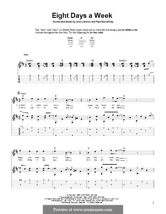 Eight Days a Week (The Beatles): For guitar with tabulature by John Lennon, Paul McCartney