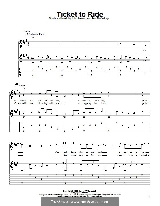 Ticket to Ride (The Beatles): For guitar with tabulature (A Major) by John Lennon, Paul McCartney