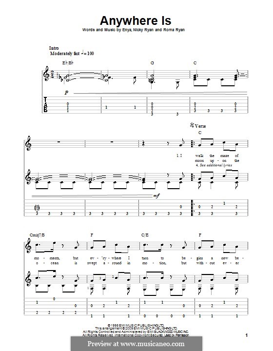 Anywhere Is (Enya): For guitar with tab by Nicky Ryan, Roma Ryan