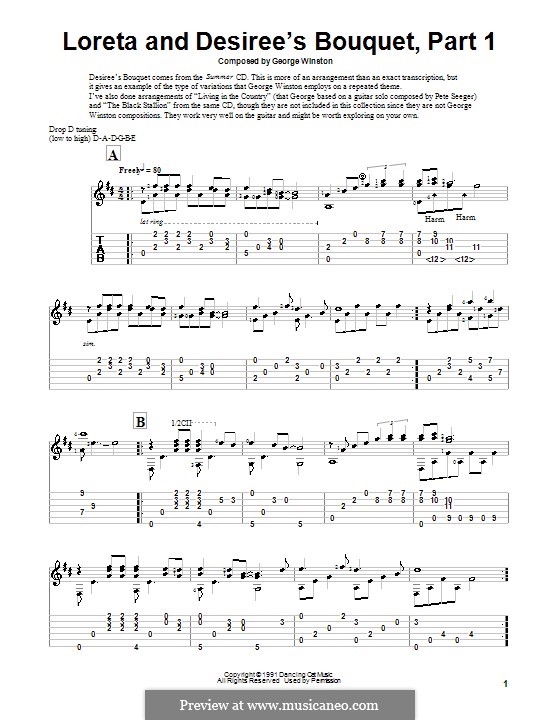 Loreta and Desiree's Bouquet: Part I, for guitar with tab by George Winston