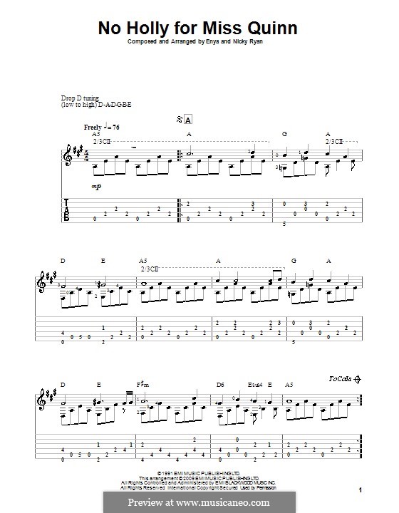 No Holly for Miss Quinn (Enya): For guitar with tab by Nicky Ryan