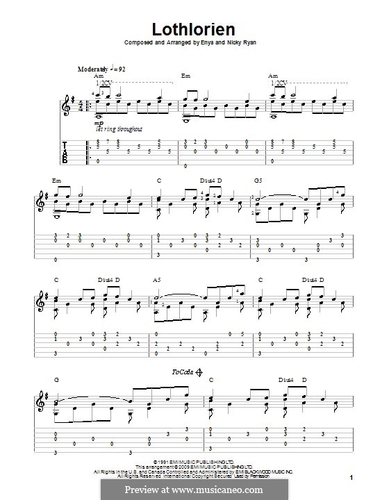 Lothlorien (Enya): For guitar with tab by Nicky Ryan