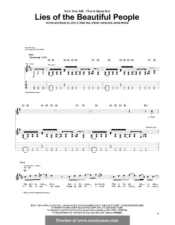 Lies of the Beautiful People (Sixx A.M.): For guitar with tab by Darren Ashba, James Michel, John 5, Nikki Sixx