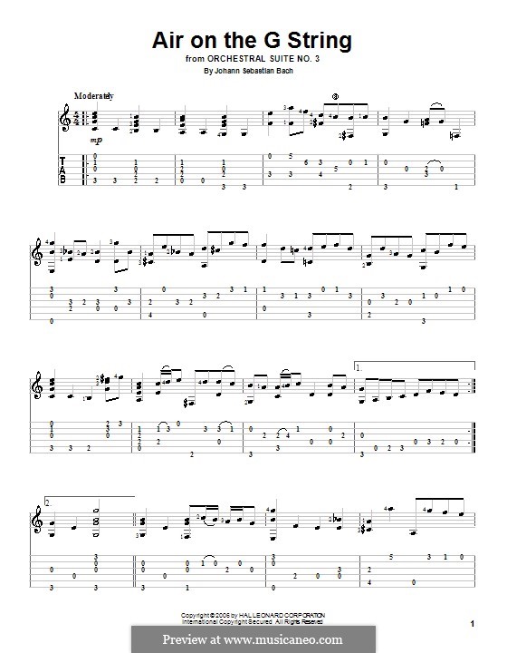Aria (Printable Scores): Version for guitar (with tab) by Johann Sebastian Bach