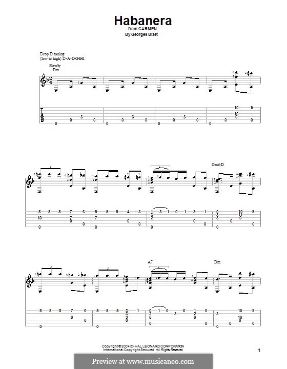 Habanera (Printable Scores): For guitar by Georges Bizet