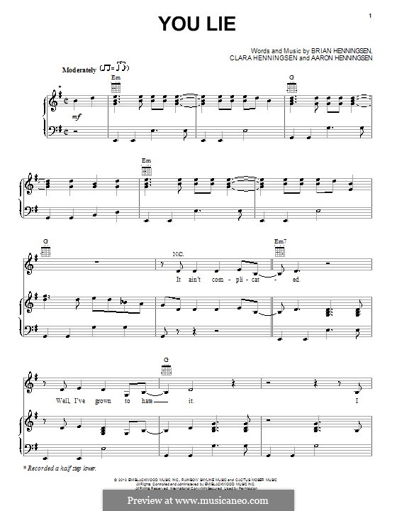 You Lie (The Band Perry): For voice and piano (or guitar) by Aaron Henningsen, Brian Henningsen, Clara Henningsen