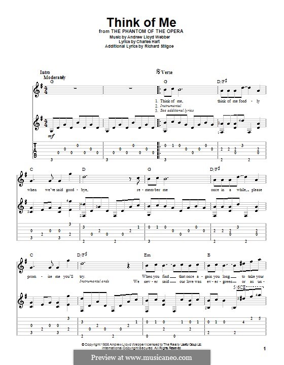 Think of Me: For guitar with tab by Andrew Lloyd Webber