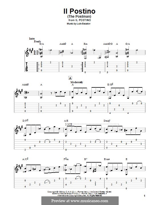 Il Postino (The Postman): For guitar with tab by Luis Bacalov