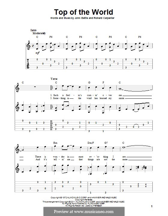 Top of the World (Carpenters): For guitar with tab by John Bettis, Richard Carpenter