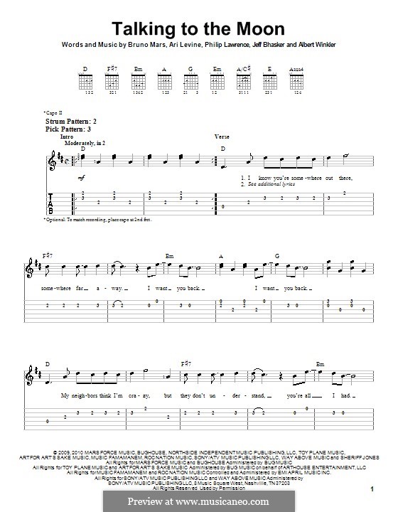 Talking to the Moon: For guitar (very easy version) by Albert Winkler, Ari Levine, Jeff Bhasker, Bruno Mars, Philip Lawrence