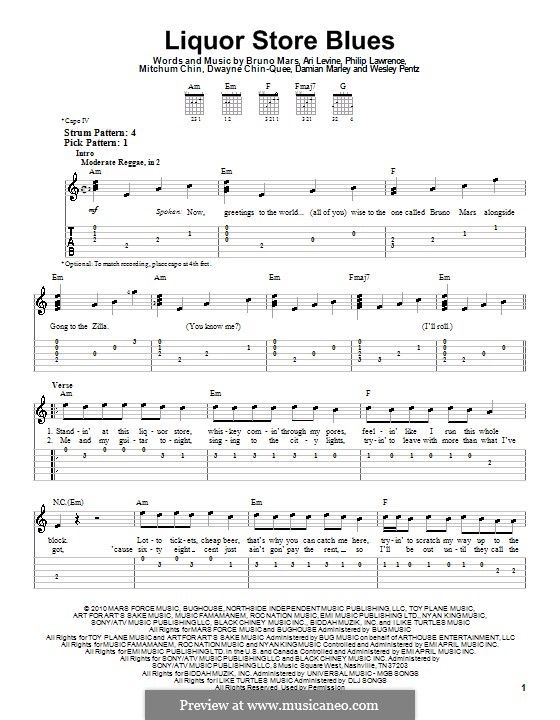 Liquor Store Blues: For guitar (very easy version) by Ari Levine, Damian Marley, Dwayne Chin-Quee, Mitchum Khan Chin, Philip Lawrence, Diplo