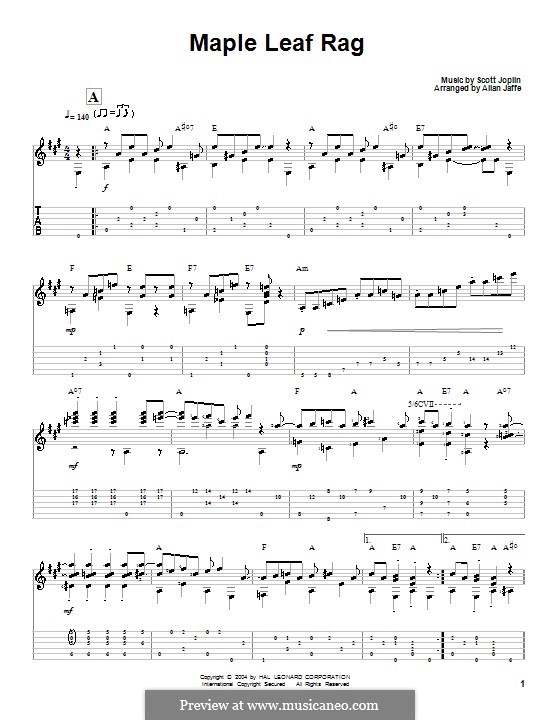 Maple Leaf Rag (Printable Scores): For guitar with tab by Scott Joplin