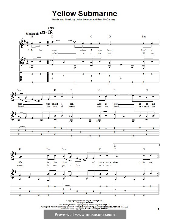 Yellow Submarine (The Beatles): For guitar with tabulature and lyrics by John Lennon, Paul McCartney