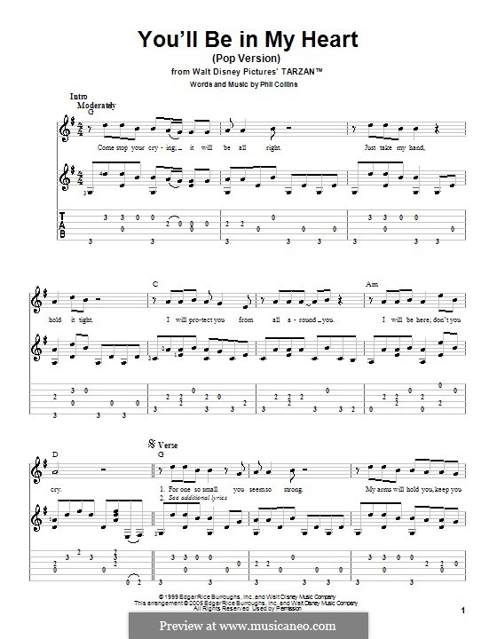 You'll Be in My Heart (from Walt Disney's Tarzan): For guitar with tabulature (G Major) by Phil Collins