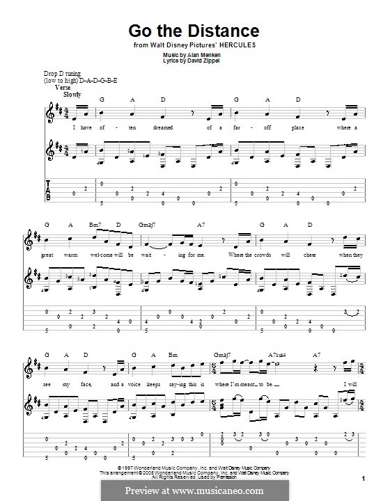 Go the Distance (from Hercules): For guitar with tab by Alan Menken