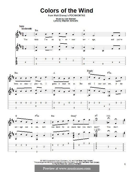 Colors of the Wind (from Pocahontas): For guitar with tab by Alan Menken