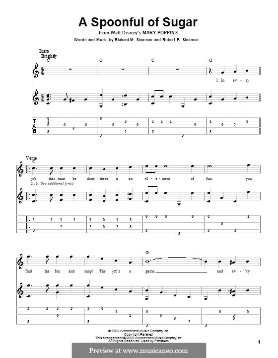 A Spoonful of Sugar (from Mary Poppins): For guitar with tab by Richard M. Sherman, Robert B. Sherman