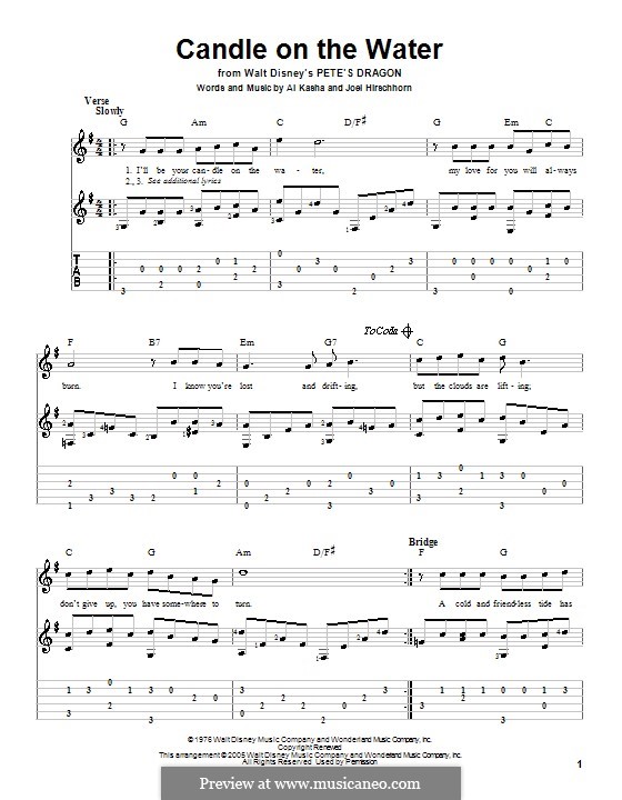 Candle on the Water (from Walt Disney's Pete's Dragon): For guitar with tab by Al Kasha, Joel Hirschhorn