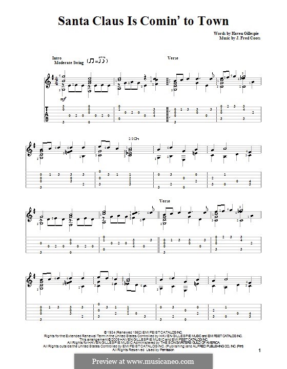 Santa Claus is Comin' to Town: For guitar with tab by J. Fred Coots