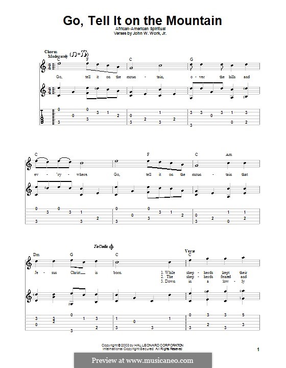 Go, Tell it on the Mountain (Printable Scores): For guitar by folklore