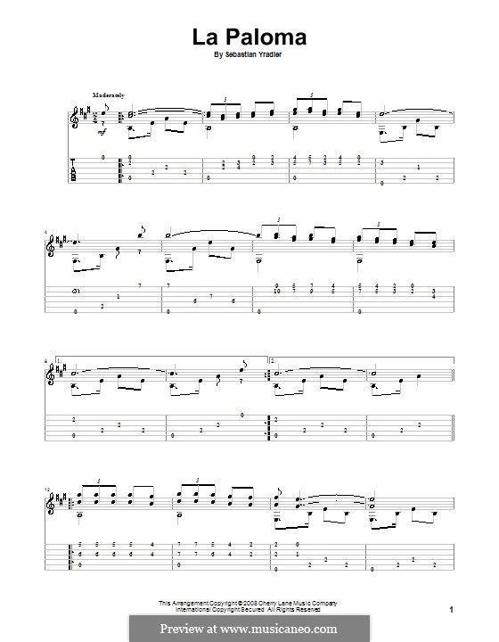 La Paloma (The Dove): For guitar with tab by Sebastián Yradier