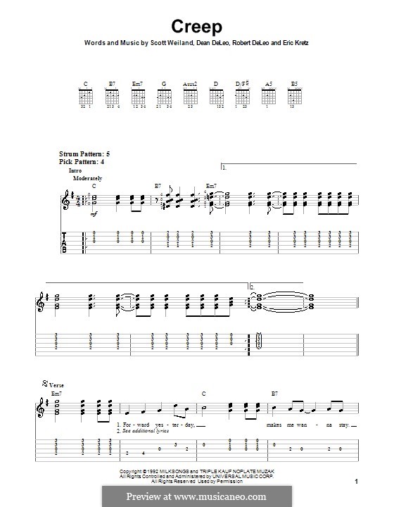 Creep (Stone Temple Pilots): For guitar (very easy version) by Dean DeLeo, Eric Kretz, Robert DeLeo, Scott Weiland