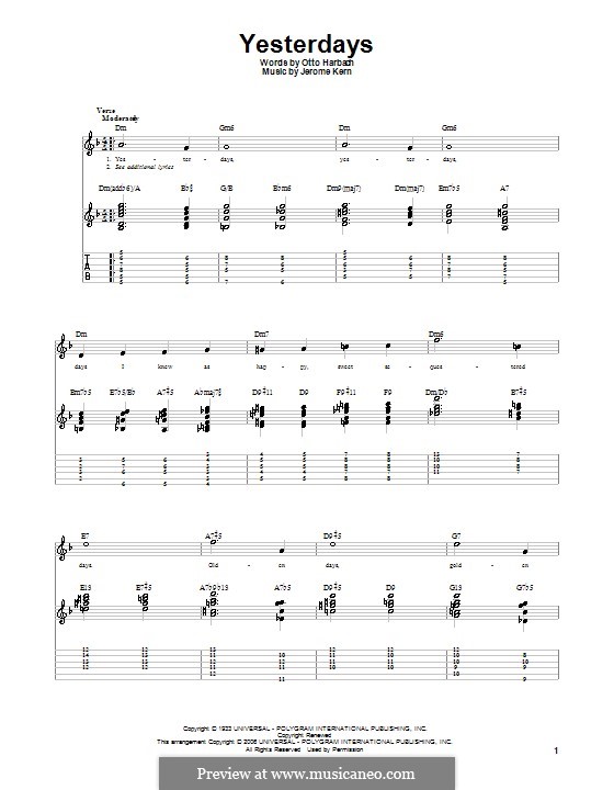Yesterdays (from Roberta): For guitar with tabulature by Jerome Kern