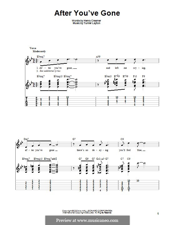 After You've Gone (Sophie Tucker): For guitar with tab by Henry Creamer, J. Turner Layton