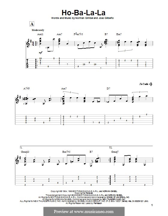 Ho-Ba-La-La: For guitar with tab by Joao Gilberto