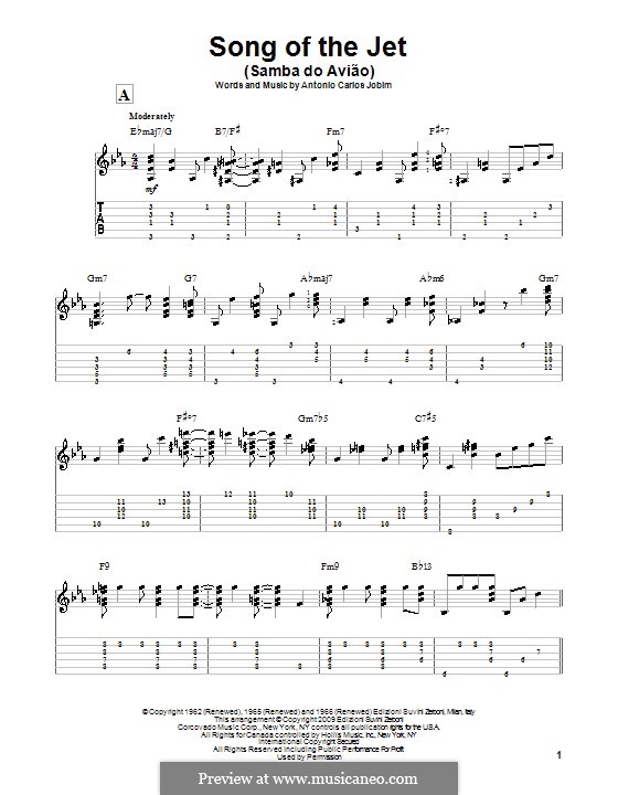 Song of the Jet (Samba do Aviao): For guitar with tablature by Antonio Carlos Jobim