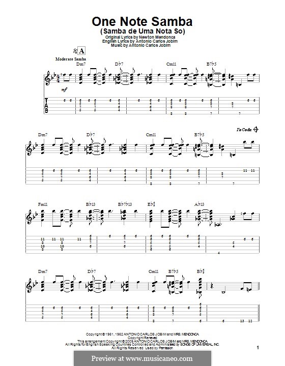 One Note Samba (Samba De Uma Nota): For guitar with tab by Antonio Carlos Jobim